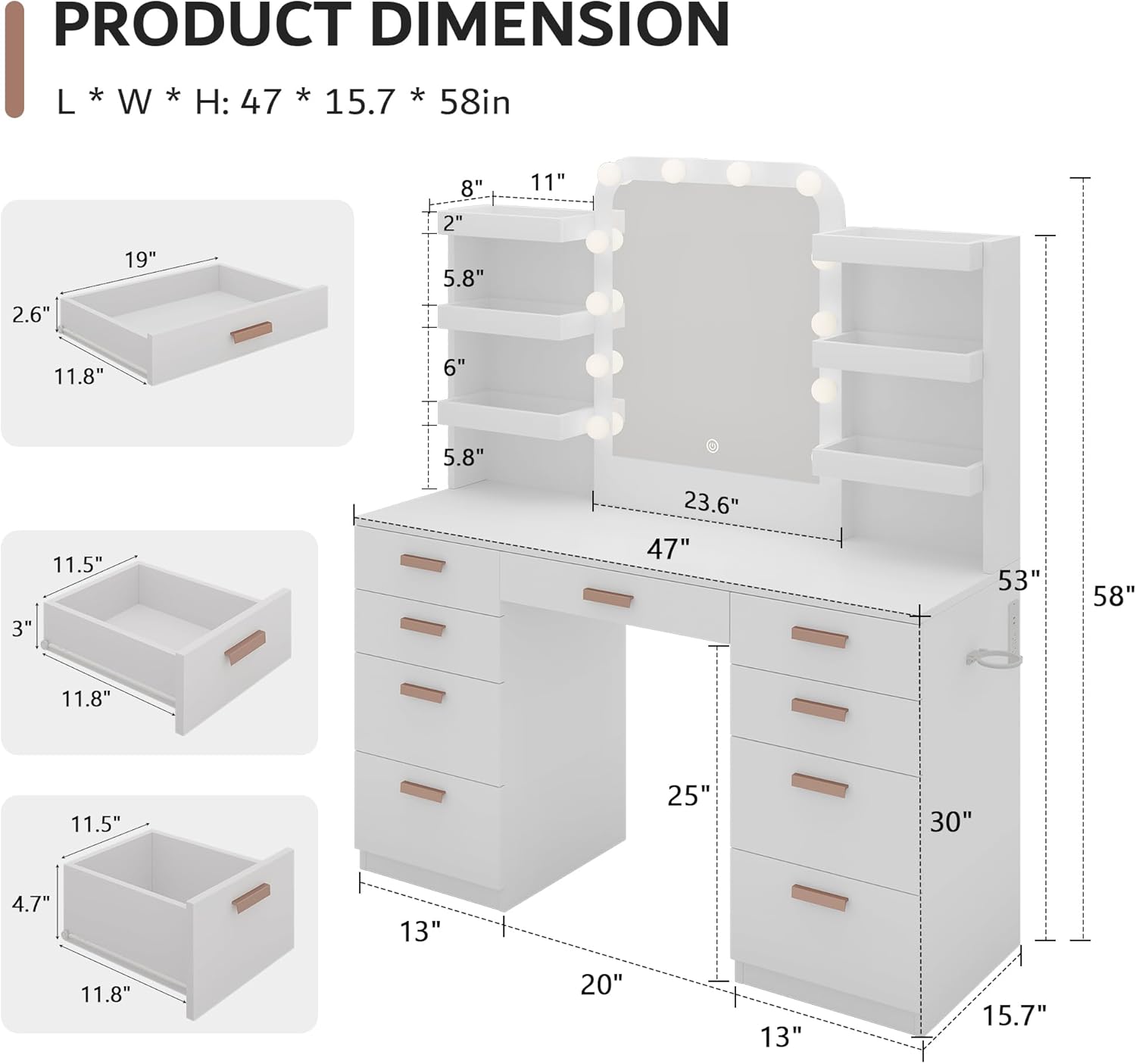 iPormis Vanity Desk with Mirror and Lights, White Makeup Vanity Table with 9 Drawers 6 Shelves, 47" Big Dressing Table with Power Outlet, 3 Adjustable Lighting Modes for Women Girls Bedroom