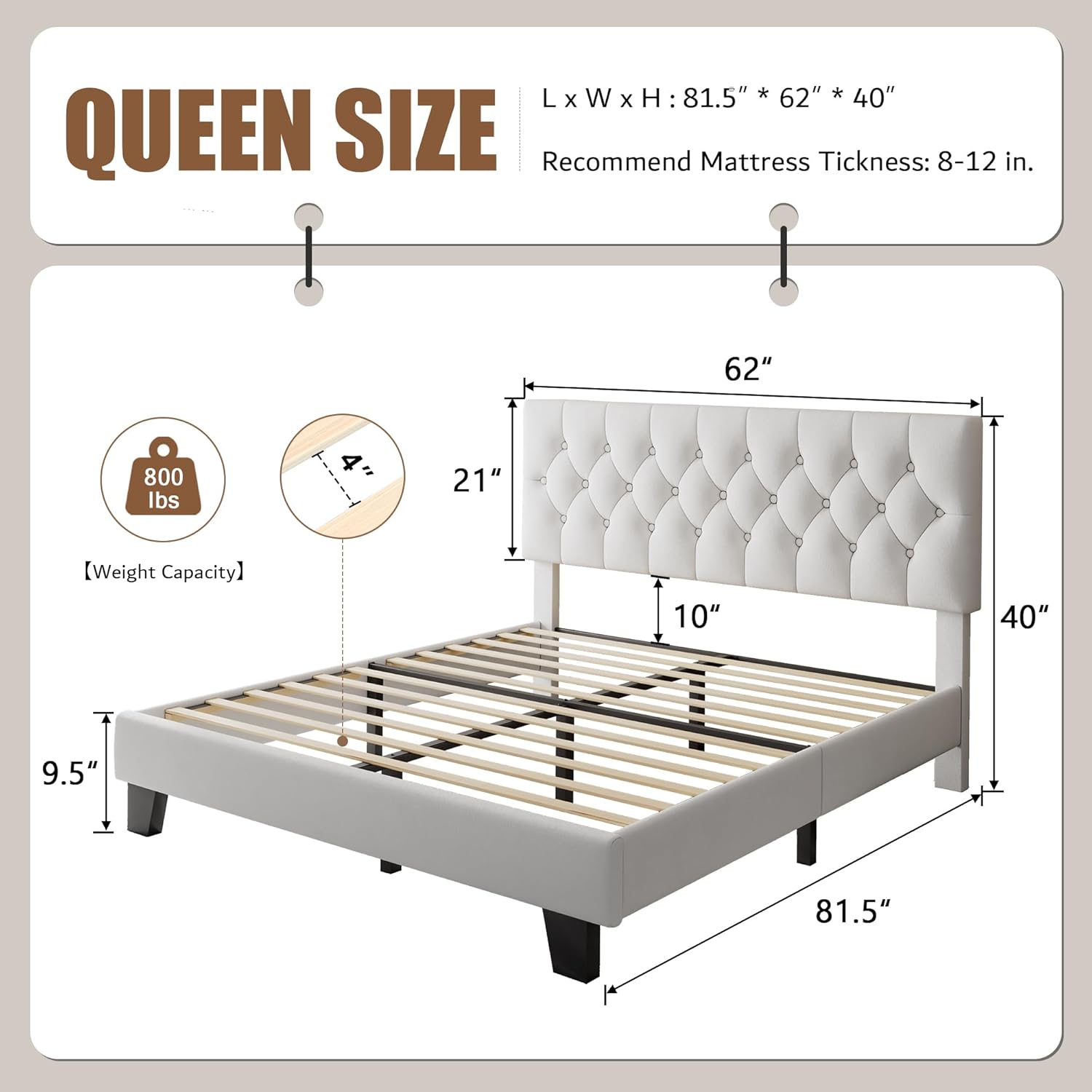 iPormis Upholstered Queen Size Bed Frame with Button Tufted Headboard, Velvet Platform Bed with Thickened Support Legs, Noise-Free/No Box Spring Needed/Easy Assembly, White