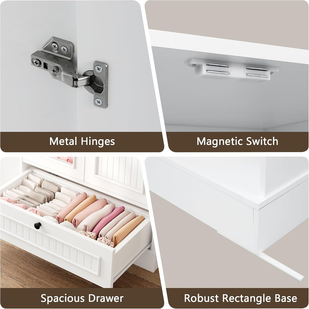 iPormis Armoire Wardrobe Closet with Mirror, Bedroom Armoires with 2 Doors, 1 Drawers and 3 Shelves, Large Clothing Storage Cabinet for Hanging Clothes, White