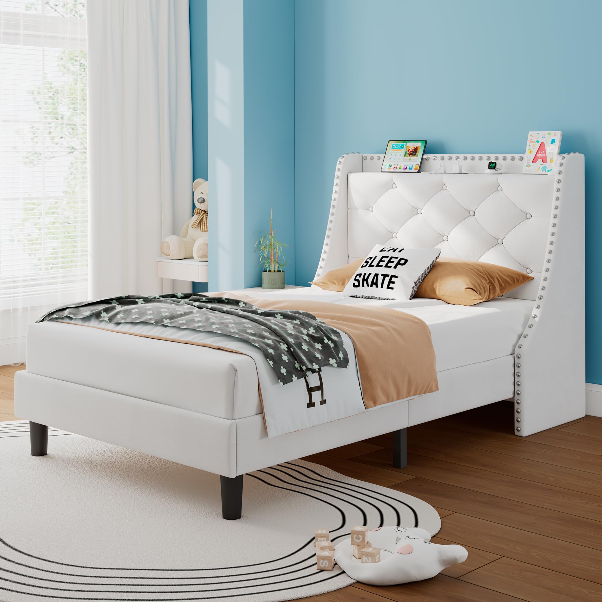 iPormis Full Bed Frame with 16" Comfort Wingback & Charging Station, Upholstered Platform Bed with Button Tufted Storage Headboard, Solid Wood Slats Support, No Box Spring Needed, Black