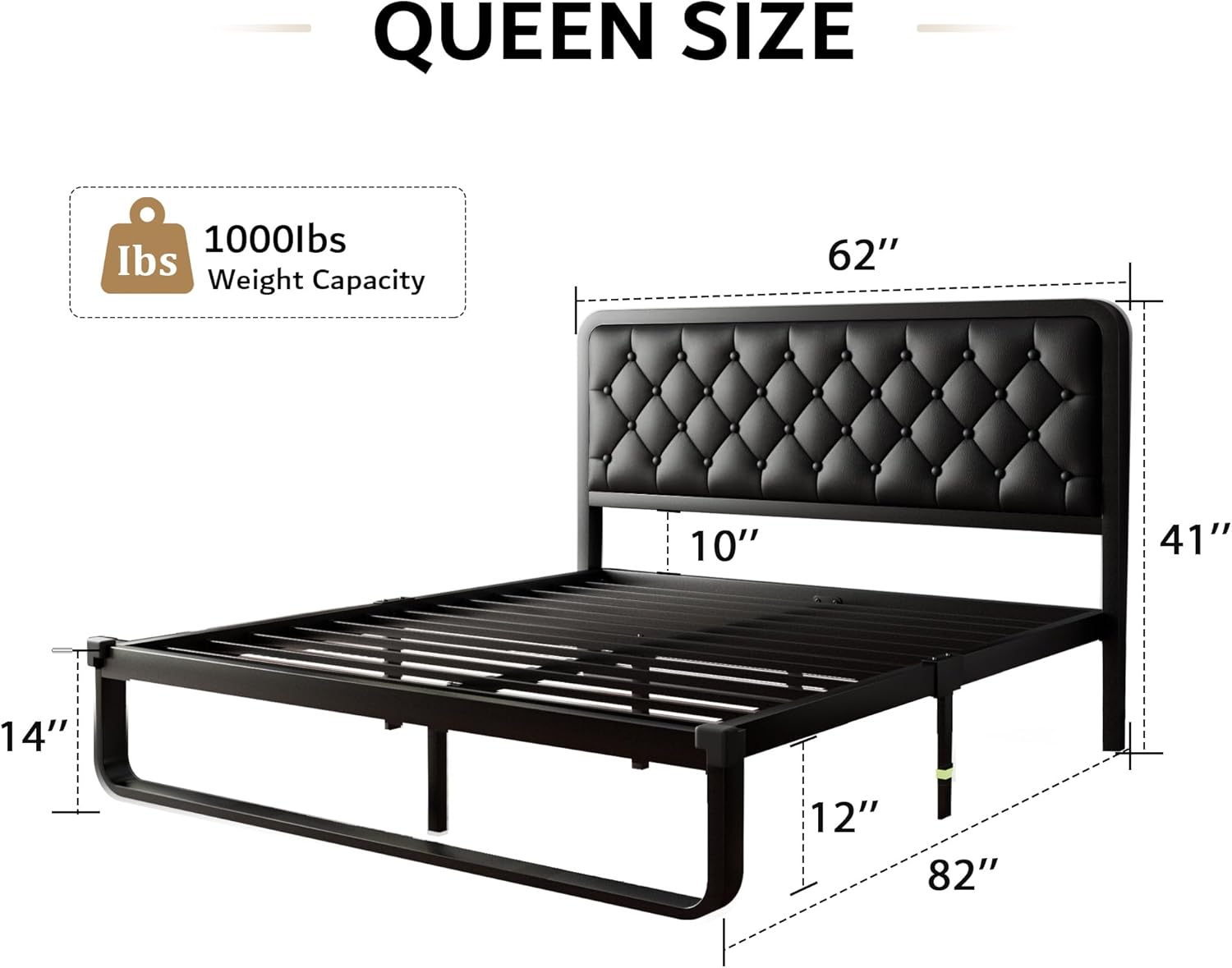 iPormis Queen Bed Frame with Headboard Faux Leather Upholstered Bed Frame Platform, All Metal Slats Support Platform Bed Frame with 12" Under Bed Space, Noise Free, No Box Spring Needed, Black