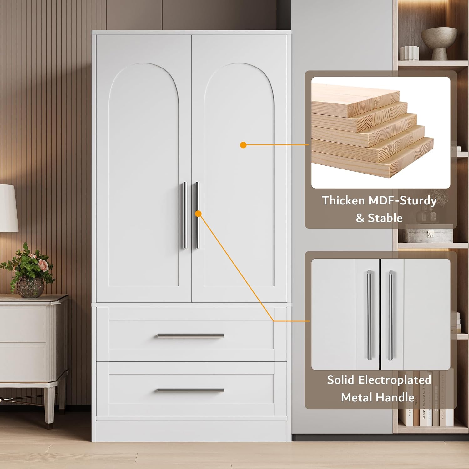 Modern Ipromis armoire wardrobe closet with doors and two drawers, perfect for clothing storage in a bedroom.