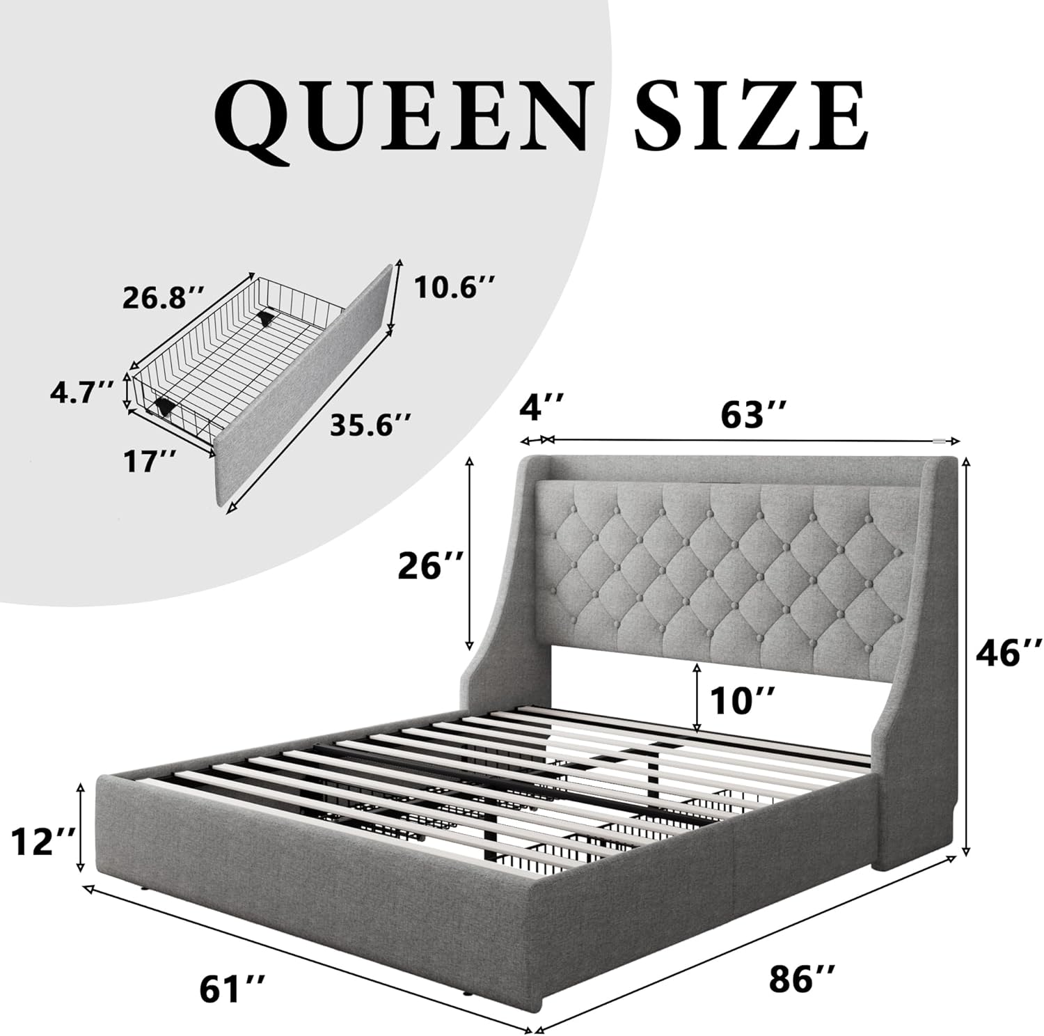iPormis Queen Bed Frame with 4 Storage Drawers, Upholstered Platform Bed Frame with Type-C & USB Ports, Wingback Storage Headboard, Solid Wood Slats, No Box Spring Needed, Light Gray