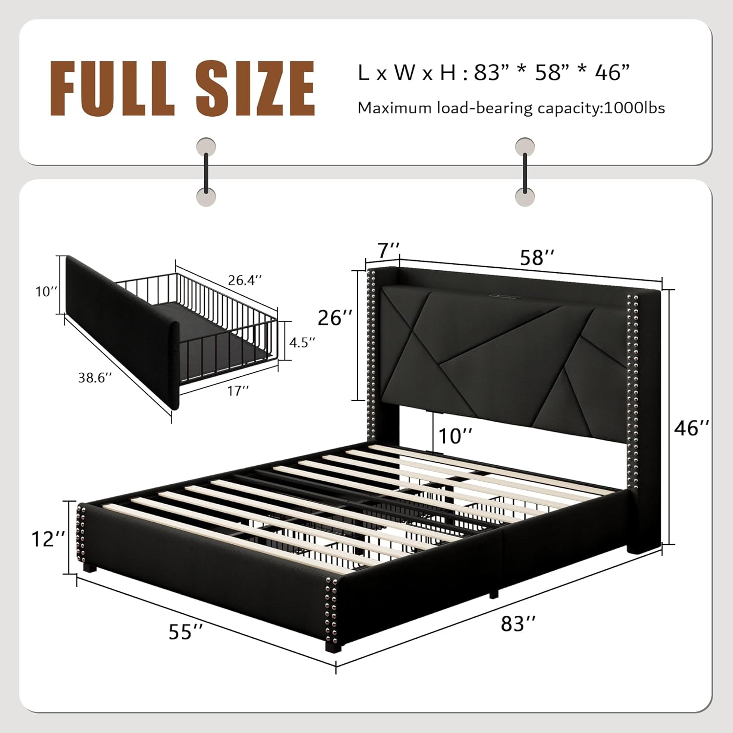 iPormis Full Size Bed Frame with 4 Storage Drawers, Upholstered Headboard Bed with Charging Station, Solid Wooden Slats Support, Easy Assembly, Black