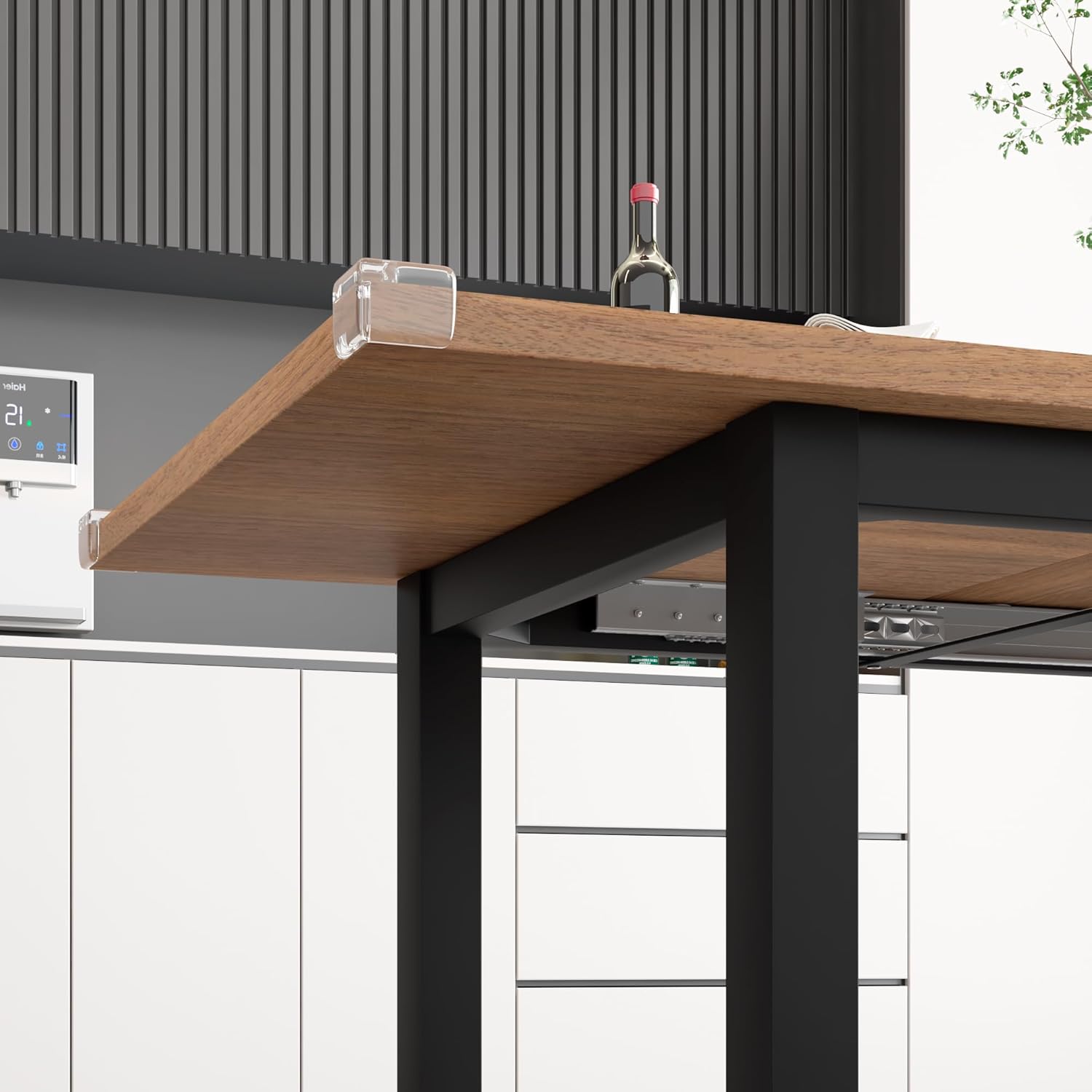 iPormis extendable dining table set with 2 benches and 2 square stools, seating 4-8, in a stylish kitchen setting.