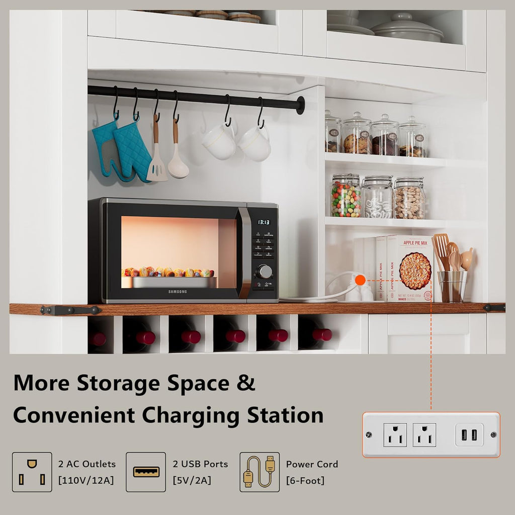 71" tall Ipromis kitchen pantry cabinet with microwave stand, wine rack, glass doors, and adjustable shelves in a farmhouse style.