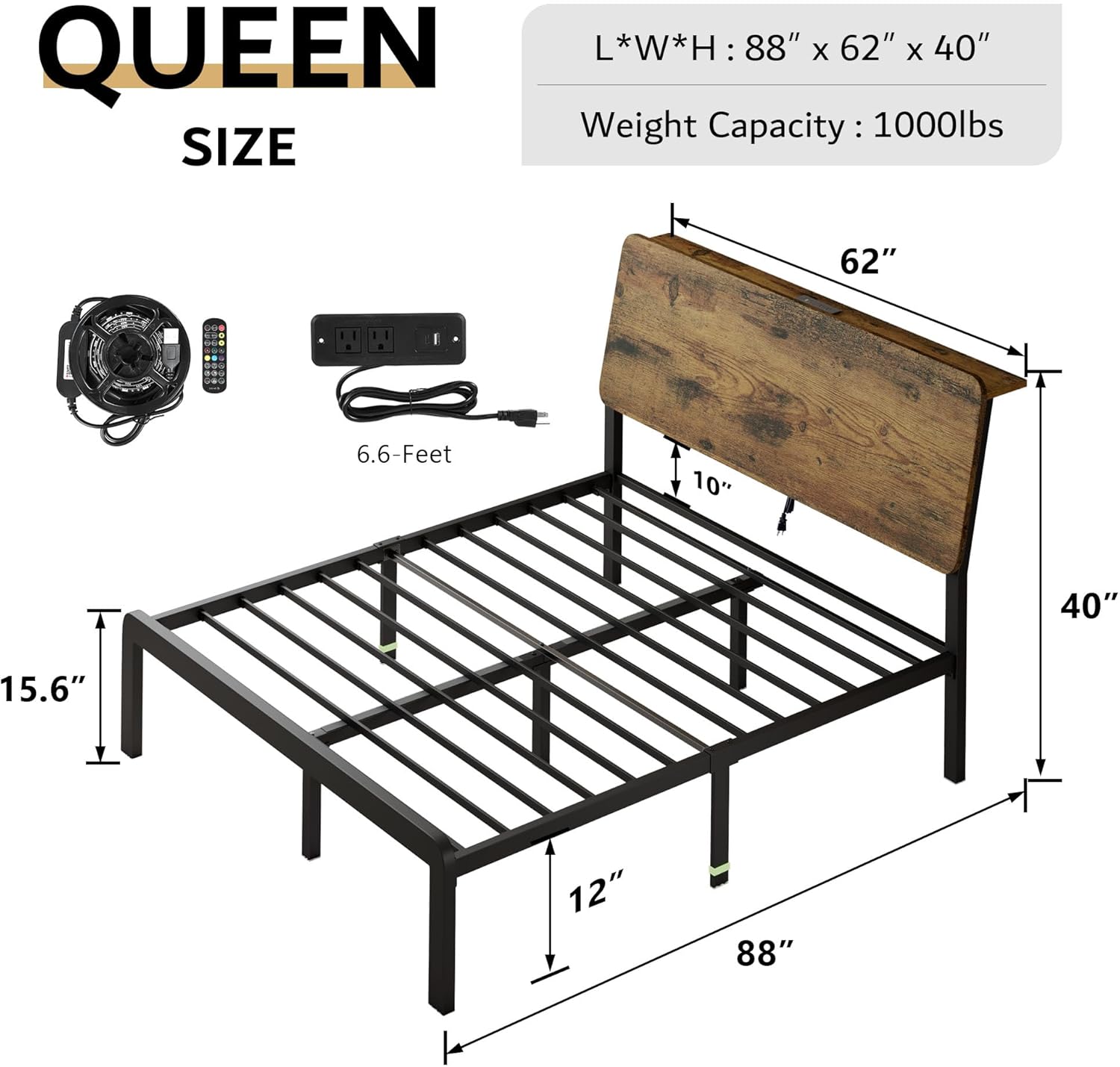iPormis Queen Metal Bed Frame with LED Lights & Charging Station, Platform Bed with Ergonomic Storage Headboard, Steel Slats Supports, No Box Spring Needed, Noise-Free, Easy Assembly, Rustic