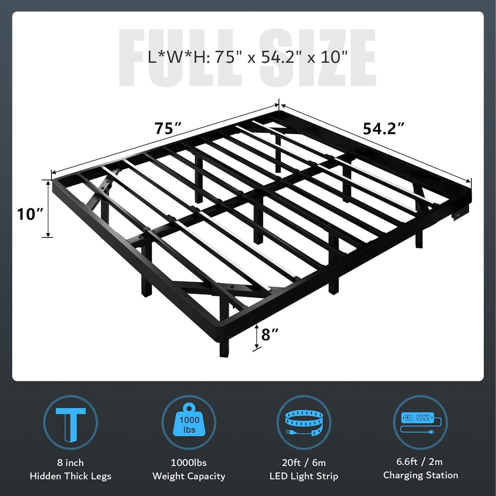 iPormis Full Size Floating Bed Frame with Charging Station and Led Light, Platform Metal Bed Frame with Heavy Duty Steel Slats Support, No Box Spring Needed, Noise-Free, Easy Assembly, Black