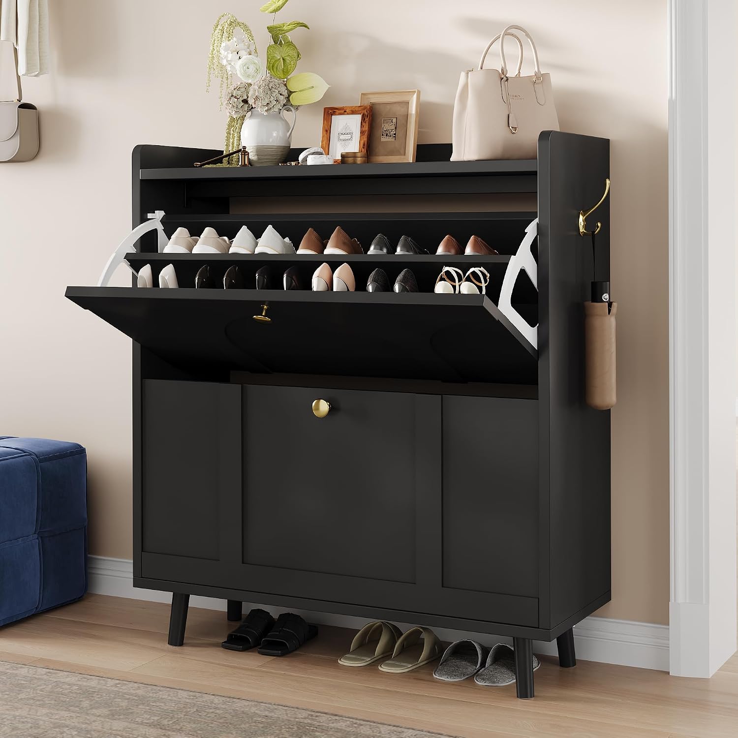 iPormis Shoe Cabinet with 2 Flip Drawers, Slim Shoe Storage Cabinet for Entryway, Narrow Shoe Organizer with Top Shelf, Side Hooks and Metal Legs, Hidden Shoe Rack for Hallway, Black