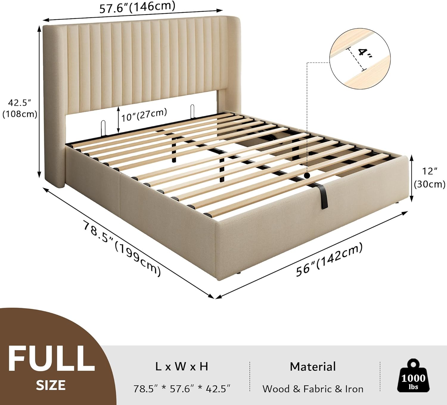 iPormis Full Size Lift up Storage Bed Frame with Wingback Headboard, Modern Linen Upholstered Platform Bedframe with Hydraulic Lifts, Sturdy Wood Slats, Easy Assembly, Beige