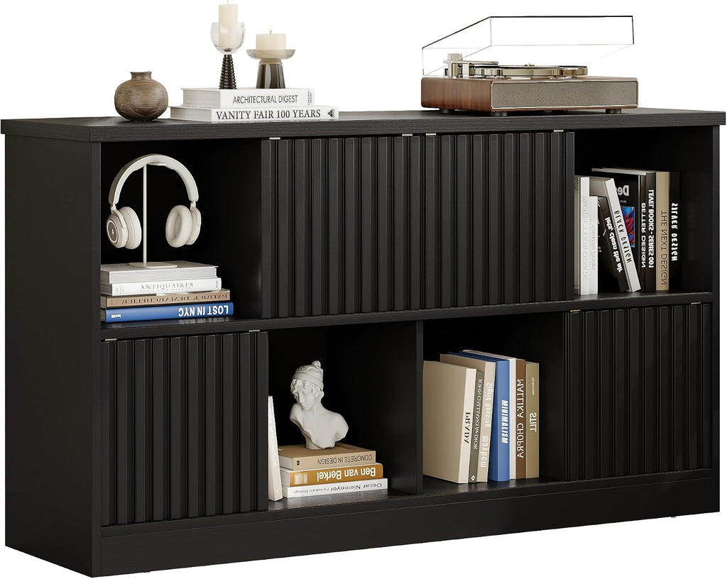 iPormis 8 Cube Bookshelf with Sliding Doors, Wooden Bookcase Storage Cabinet, Freestanding Cube Shelf Organizer for Books Decor in Living Room Bedroom Office, Black