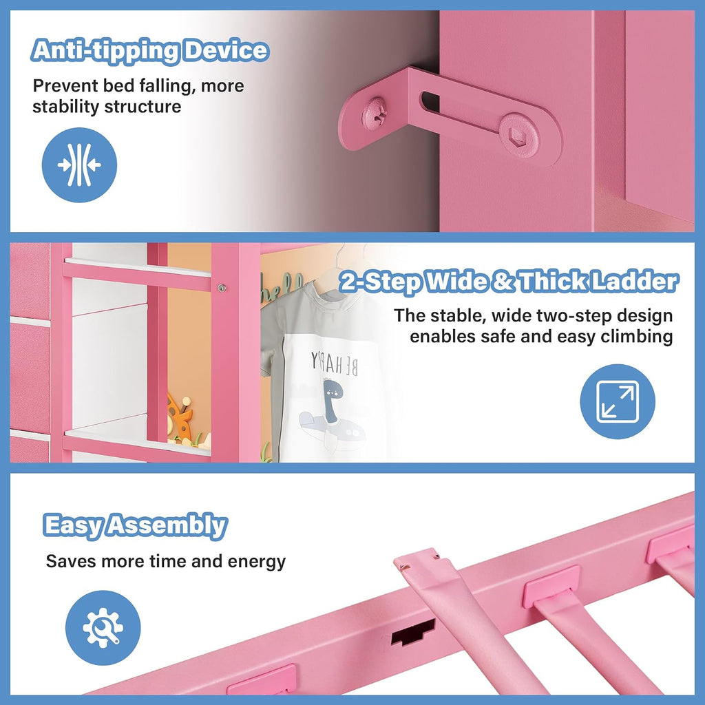 iPormis Low Loft Bed Twin Size with Bookcase, 8 Storage Drawers, Metal Kids Loft Bed with 13 Inch H Safety Guardrail, Play Curtain, Under-Bed Play Space - Pink