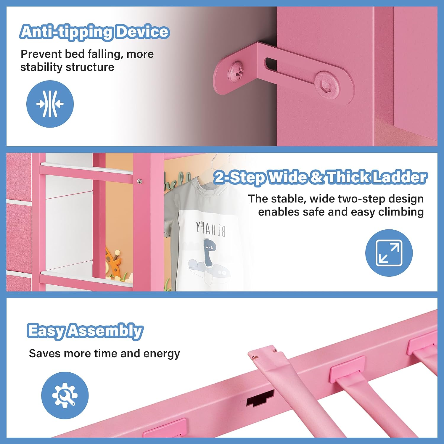iPormis Low Loft Bed Twin Size with Bookcase, 8 Storage Drawers, Metal Kids Loft Bed with 13 Inch H Safety Guardrail, Play Curtain, Under-Bed Play Space - Pink