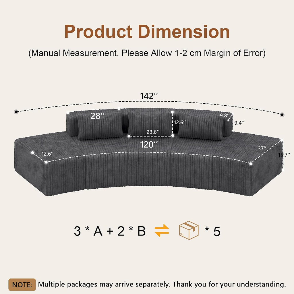 iPormis Boneless Sectional Couches for Living Room, Curved Cloud Couch with Upholstered Corduroy, Modular Sofa with Deep Seat, No Assembly Required, 3 Seats and 2 Ottomans, Dark Gray