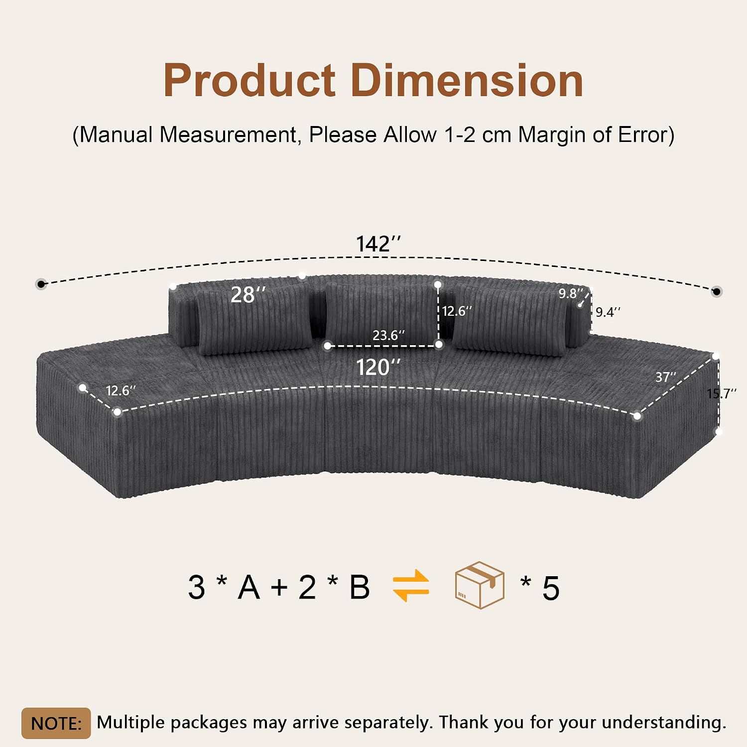 iPormis Boneless Sectional Couches for Living Room, Curved Cloud Couch with Upholstered Corduroy, Modular Sofa with Deep Seat, No Assembly Required, 3 Seats and 2 Ottomans, Dark Gray