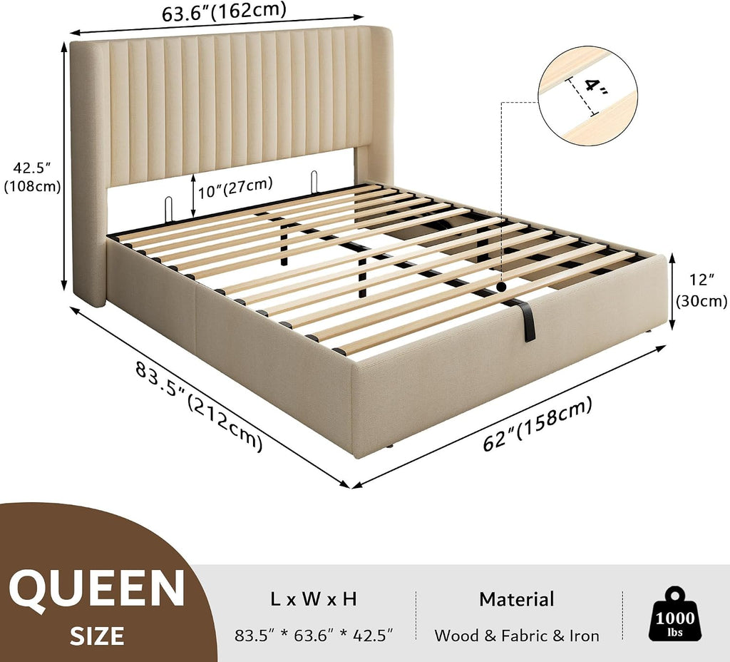 iPormis Queen Size Lift up Storage Bed Frame with Wingback Headboard, Modern Linen Upholstered Platform Bedframe withHydraulic Lifts, Sturdy Wood Slats, Easy Assembly, Beige