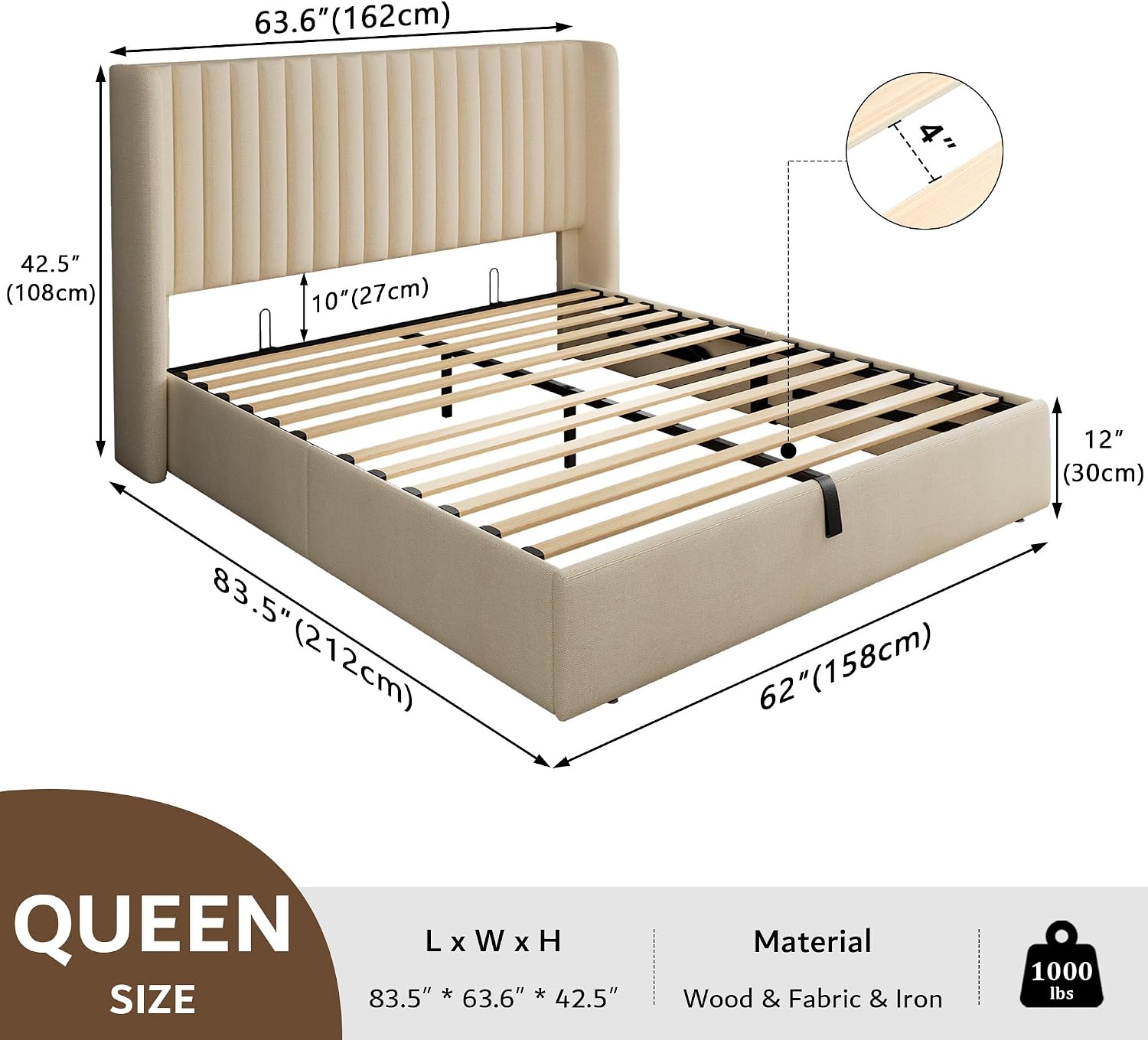 iPormis Queen Size Lift up Storage Bed Frame with Wingback Headboard, Modern Linen Upholstered Platform Bedframe withHydraulic Lifts, Sturdy Wood Slats, Easy Assembly, Beige