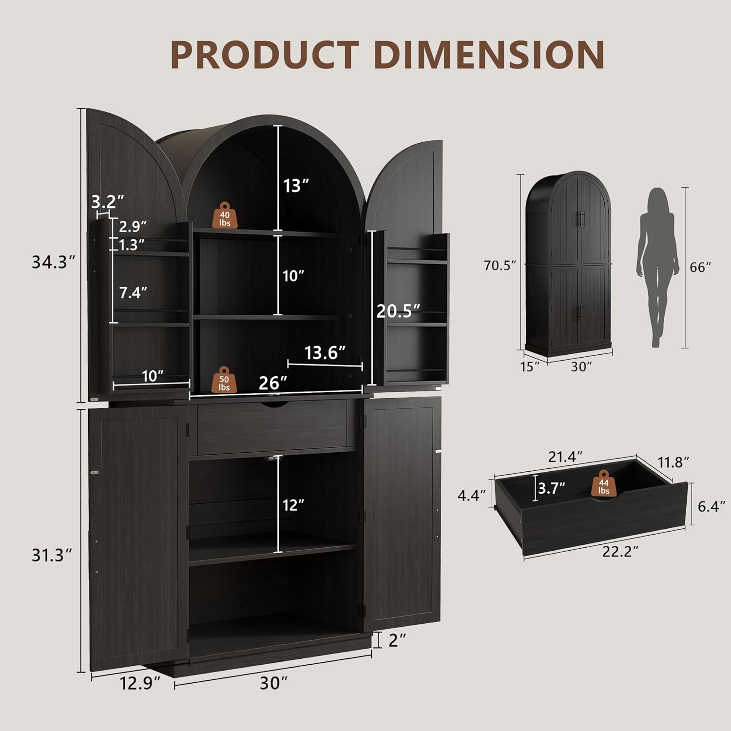 iPormis 71" tall arched cabinet with doors, featuring 6-tier door shelves, drawer, and adjustable shelves in a farmhouse style.