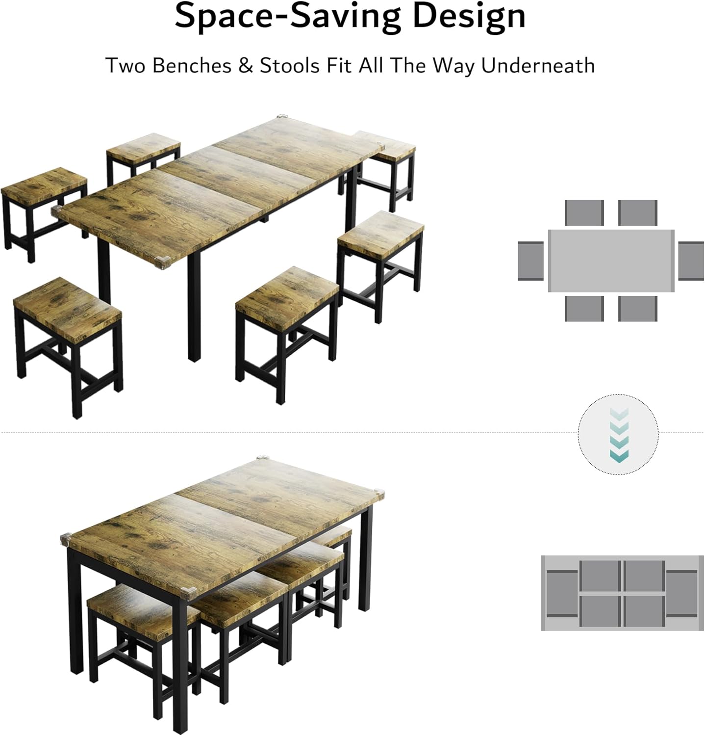 iPormis 7-piece dining table set with 63-inch extendable table and 6 stools in a modern kitchen setting.
