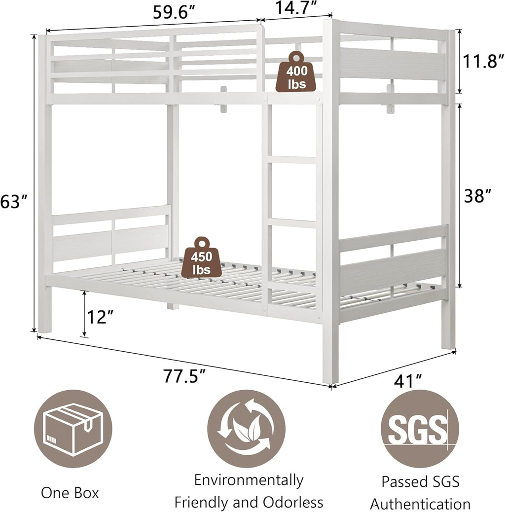 iPormis Metal Bunk Bed Twin Over Twin, Heavy Duty Bunk with High Guardrail and Safety Entrance Design, Under-Bed Storage Space, Easy Assembly, Noise Free, White