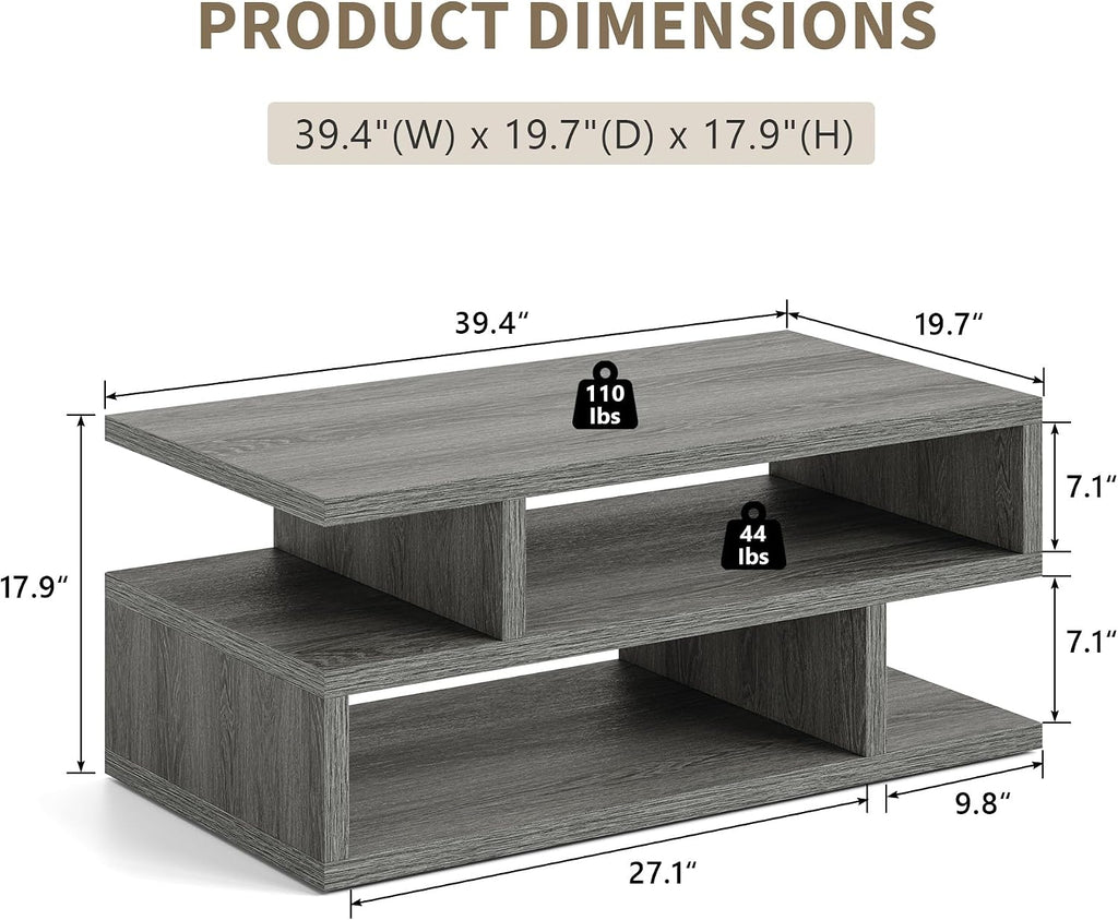 iPormis 41.3" Coffee Table with 3-Tier Storage Space, Modern Coffee Table with Geometric Design for Living Room, Apartment, Home Office, Easy Assembly, Elegant Grey