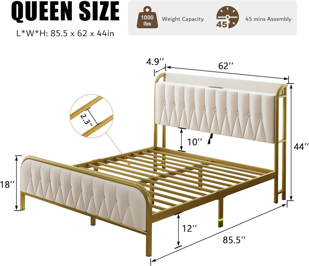 iPormis Metal Bed Frame Queen Size with Charging Station, Velvet Upholstered Headboard and Footboard, Heavy Duty Steel Support, 12" Under Bed Storage, No Box Spring Needed, Easy Assembly, Beige
