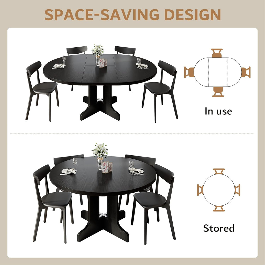 iPormis 59" extendable round dining table with wooden top and heavy-duty pedestal base for 4-6 people in a modern kitchen setting.