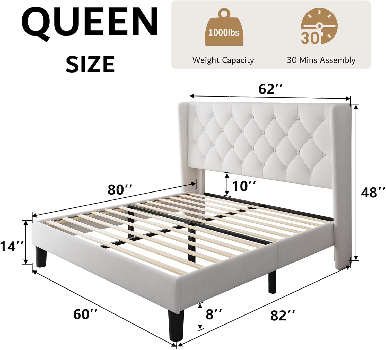 iPormis Queen Size Velvet Platform Bed Frame with Button Tufted Headboard, Upholstered Bed Frame with Solid Wooden Slats, 8" Underbed Space, No Box Spring Needed, Noise Free, Easy Assembly, White