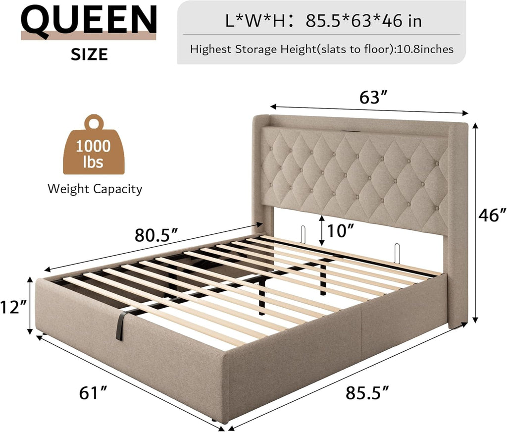 iPormis Queen Size Lift Up Storage Bed Frame with Charging Station, Upholstered Platform Bed Frame with Tufted Headboard, Hydraulic Storage, No Box Spring Needed, Noise-Free, Easy Assembly, Beige