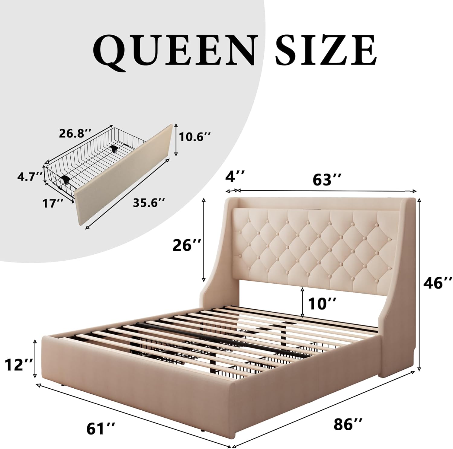iPormis Queen Bed Frame with 4 Storage Drawers, Upholstered Platform Bed Frame with Type-C & USB Ports, Wingback Storage Headboard, Solid Wood Slats, No Box Spring Needed, Beige