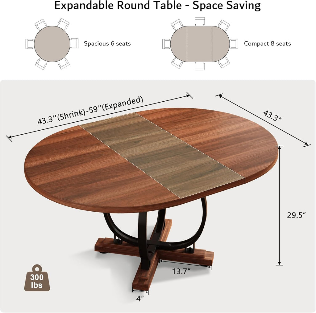 Pormis 59'' Extendable Round Dining Table for 4 to 6, Kitchen Table with Sturdy X-Base Metal Legs, MDF Board with Backboard Clasp, Space Saving, Easy Assembly, Kitchen, Dining Room, Walnut