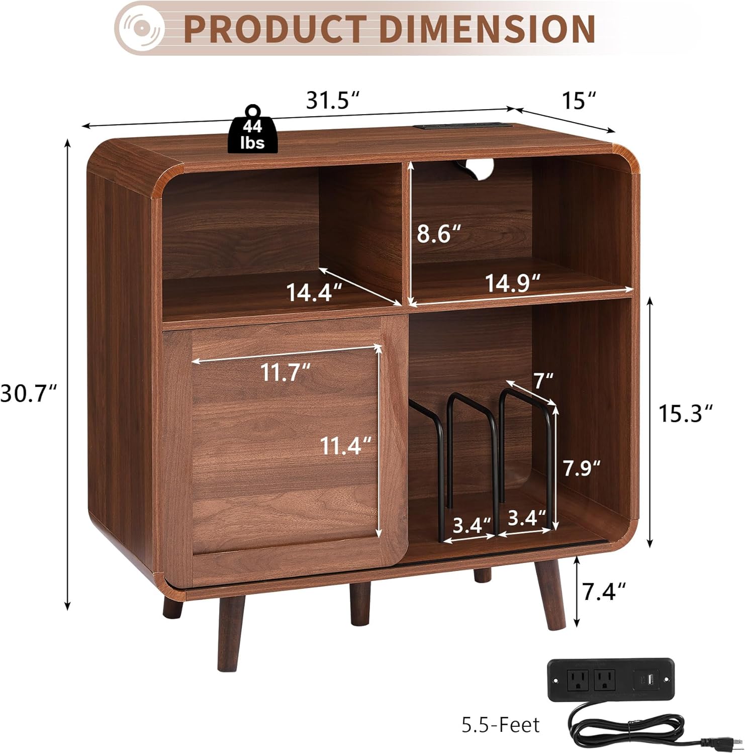 iPormis 31.5" Record Player Stand with Vinyl Storage, Mid Century Record Storage Cabinet with Charging Station, Media Cabinet with Sliding Doors, Turntable Stand for Living Room, Music Corner, Walnut