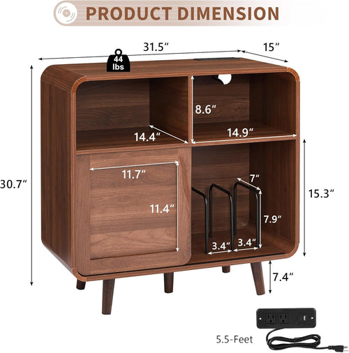 iPormis 31.5" Record Player Stand with Vinyl Storage, Mid Century Record Storage Cabinet with Charging Station, Media Cabinet with Sliding Doors, Turntable Stand for Living Room, Music Corner, Walnut