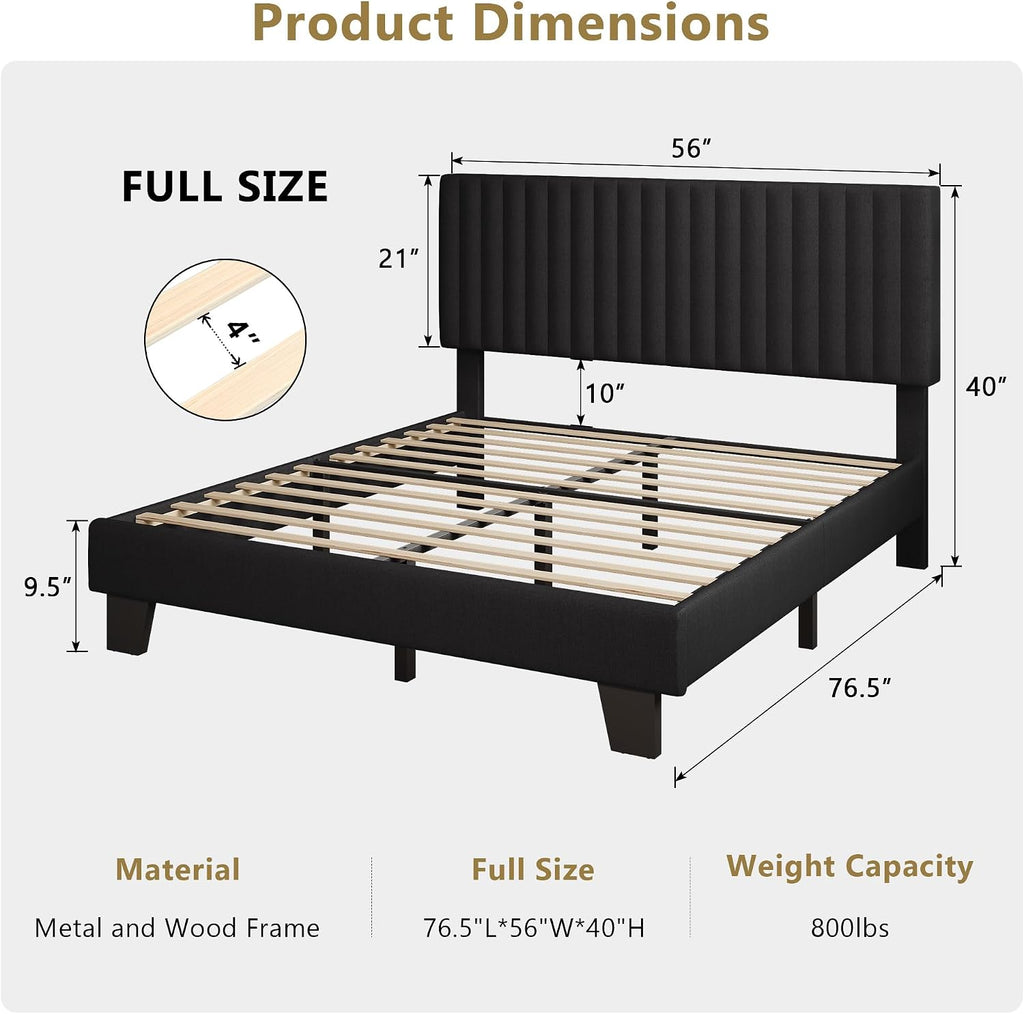 iPormis Full Size Bed Frame, Upholstered Platform Bed with Vertical Linen Headboard, Wide Bed Legs and Strong Wood Slats Support, No Box Spring Needed, Easy Assembly, Noise Free, Black