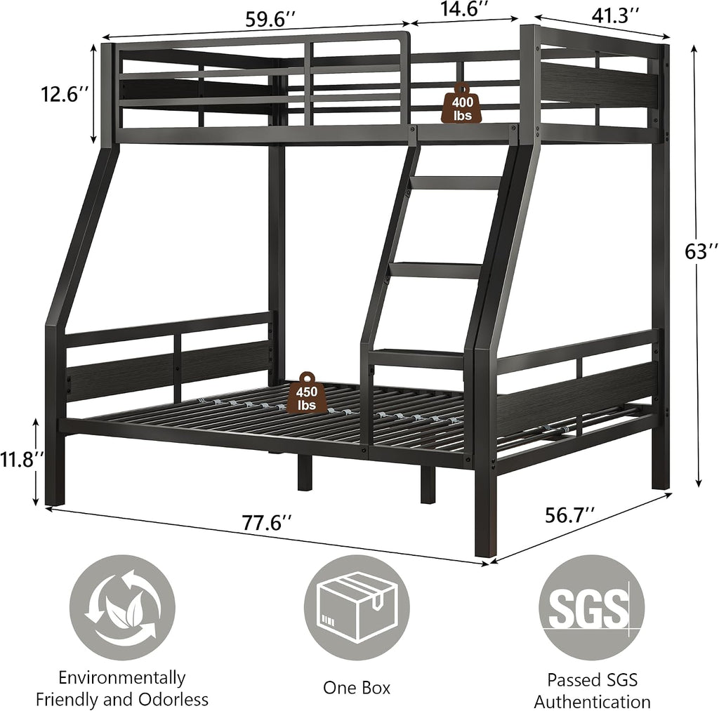 iPormis Metal Bunk Bed Twin Over Full, Heavy Duty Bunk with High Guardrail and Safety Entrance Design, Under-Bed Storage Space, Easy Assembly, Noise Free, Black