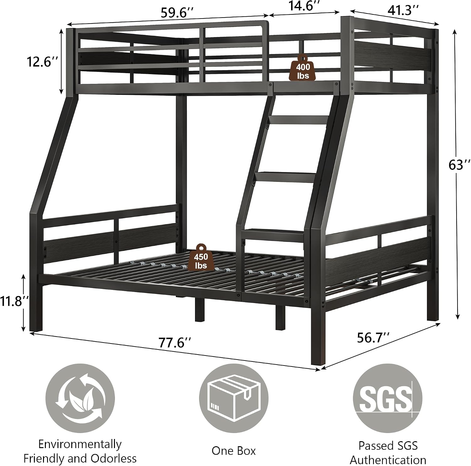 iPormis Metal Bunk Bed Twin Over Full, Heavy Duty Bunk with High Guardrail and Safety Entrance Design, Under-Bed Storage Space, Easy Assembly, Noise Free, Black