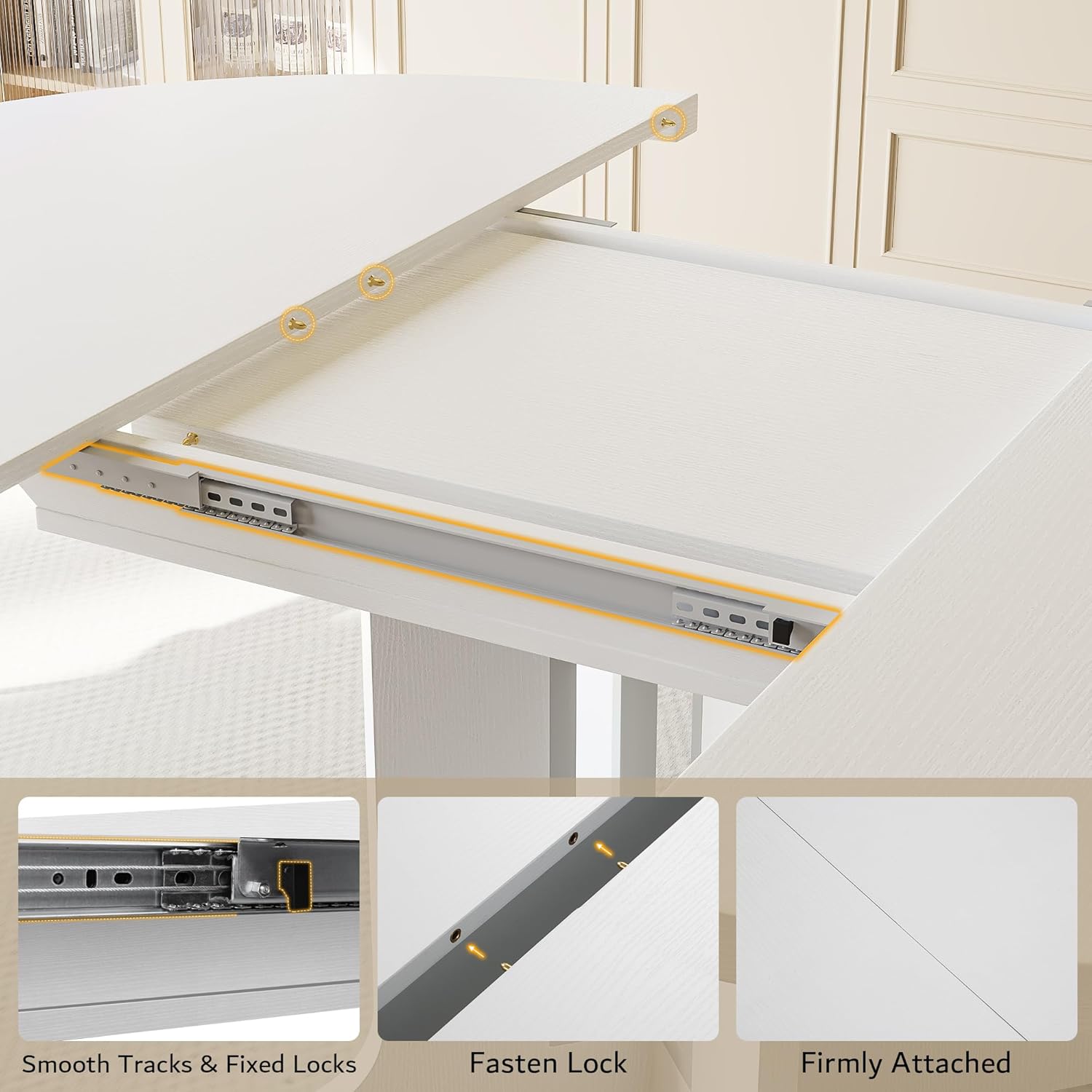 White iPormis 59" round extendable dining table for 4-6, modern design, set in a stylish kitchen setting.