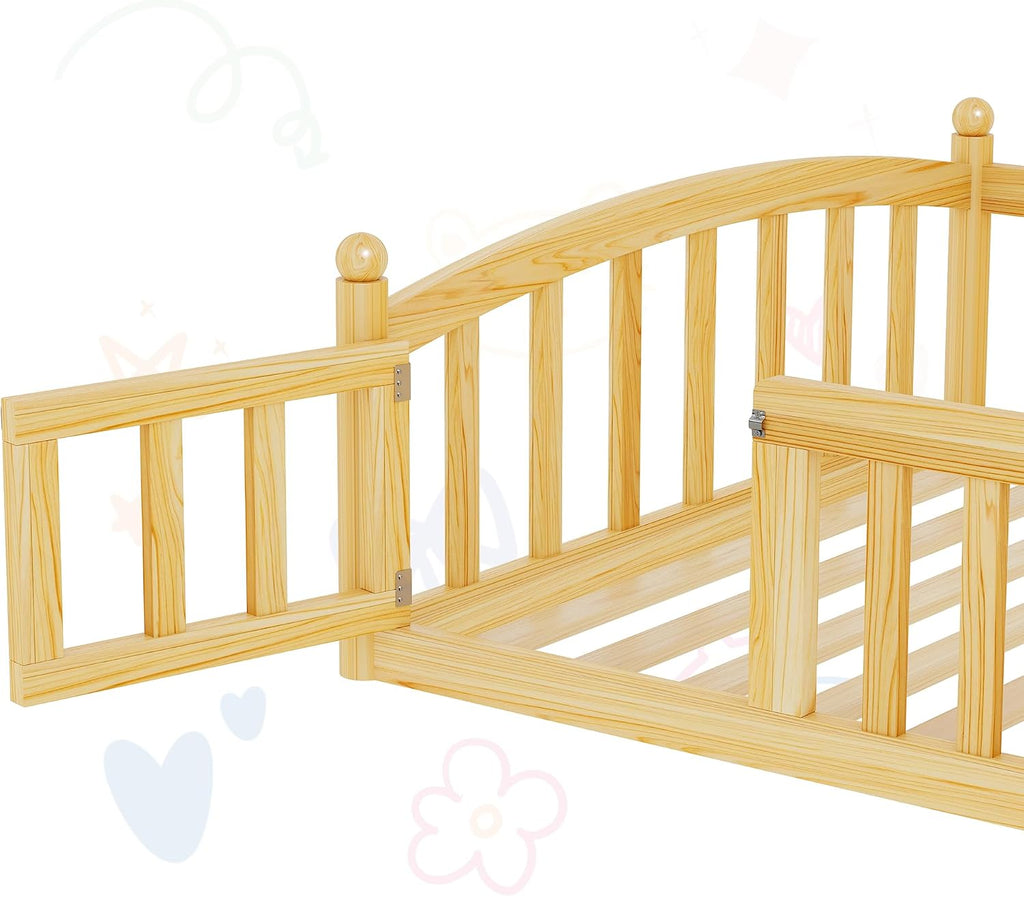 iPormis Twin Floor Bed with High Rails, Montessori Bed Frame with Wood Slats and Door, Montessori Floor Bed Twin for Kids, Girls, Boys, Easy Assembly, Natural