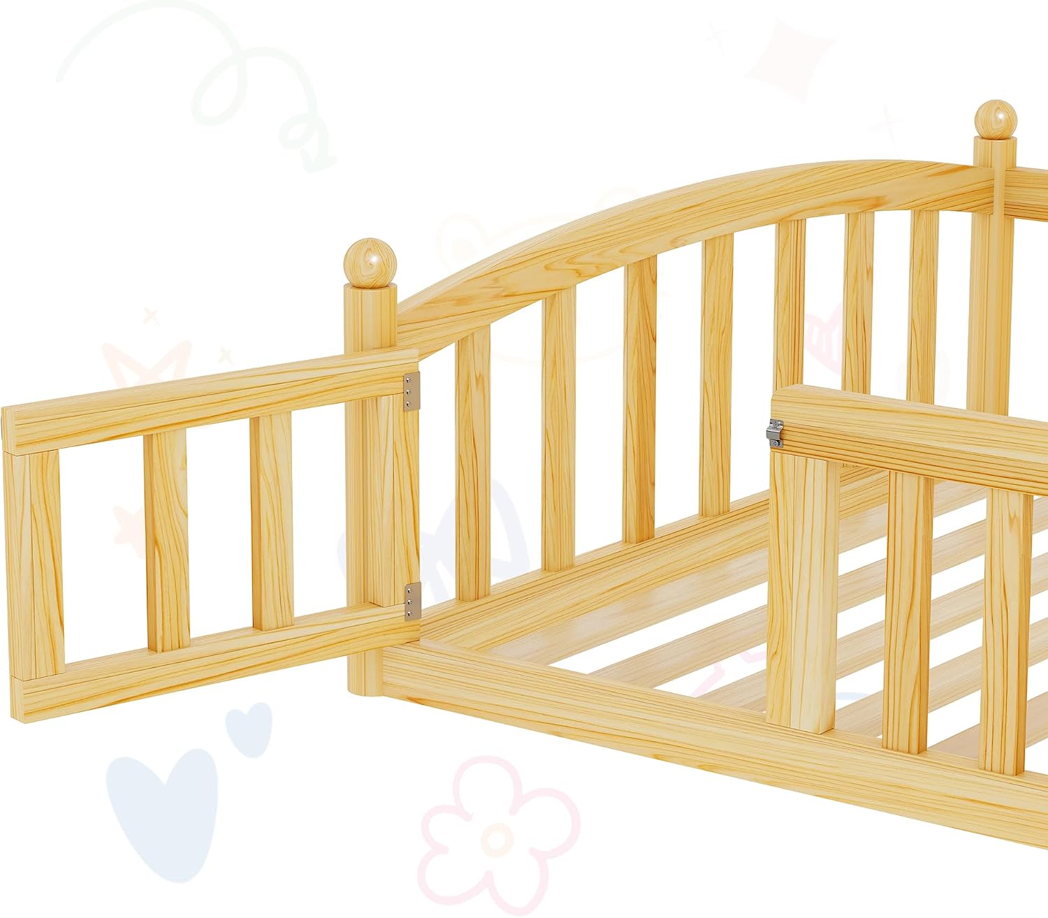 iPormis Twin Floor Bed with High Rails, Montessori Bed Frame with Wood Slats and Door, Montessori Floor Bed Twin for Kids, Girls, Boys, Easy Assembly, Natural