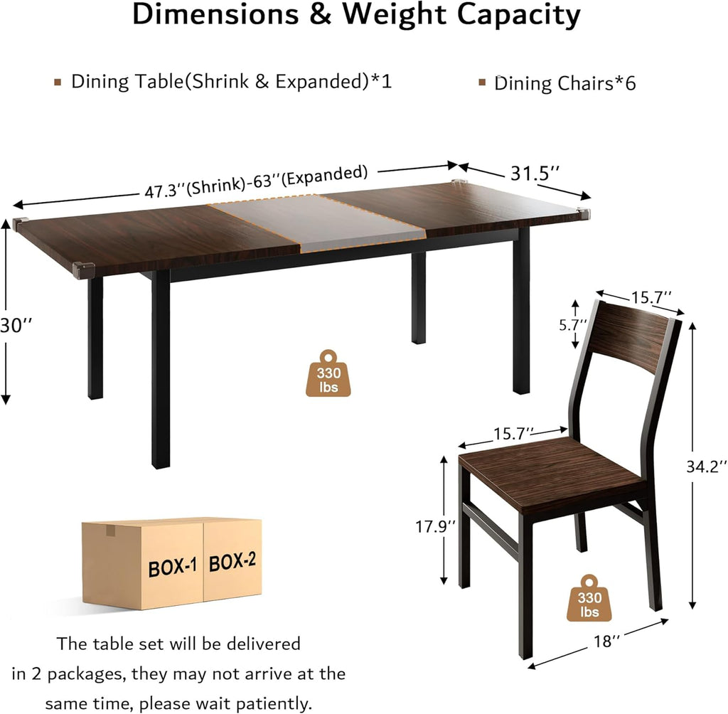 iPormis 7 Pieces Dining Table & Chairs Set for 4-6, 63" Extendable Kitchen Table and 6 Chairs, Dining Room Table with MDF Board & Metal Frame, Perfect for Small Space, Easy Clean, Espresso