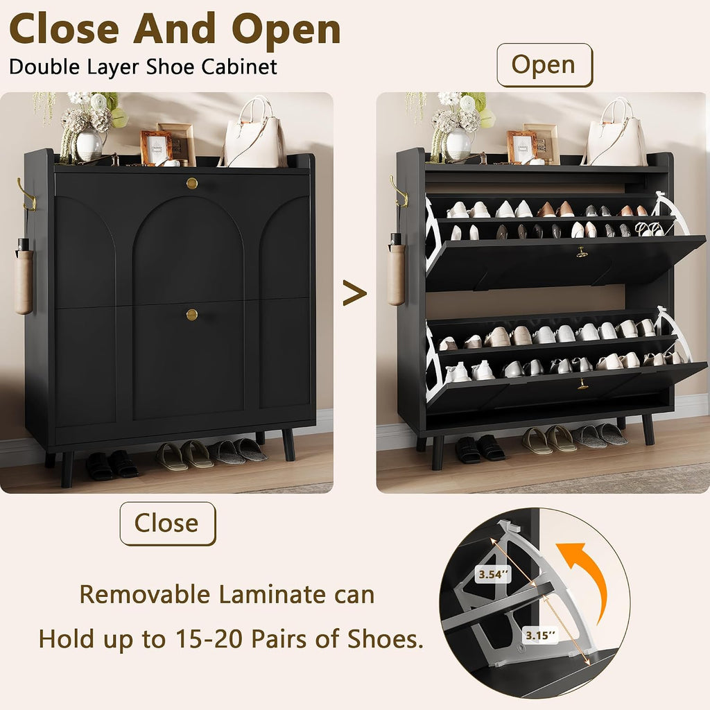 iPormis Shoe Cabinet with 2 Flip Drawers, Slim Shoe Storage Cabinet for Entryway, Narrow Shoe Organizer with Top Shelf, Side Hooks and Metal Legs, Hidden Shoe Rack for Hallway, Black