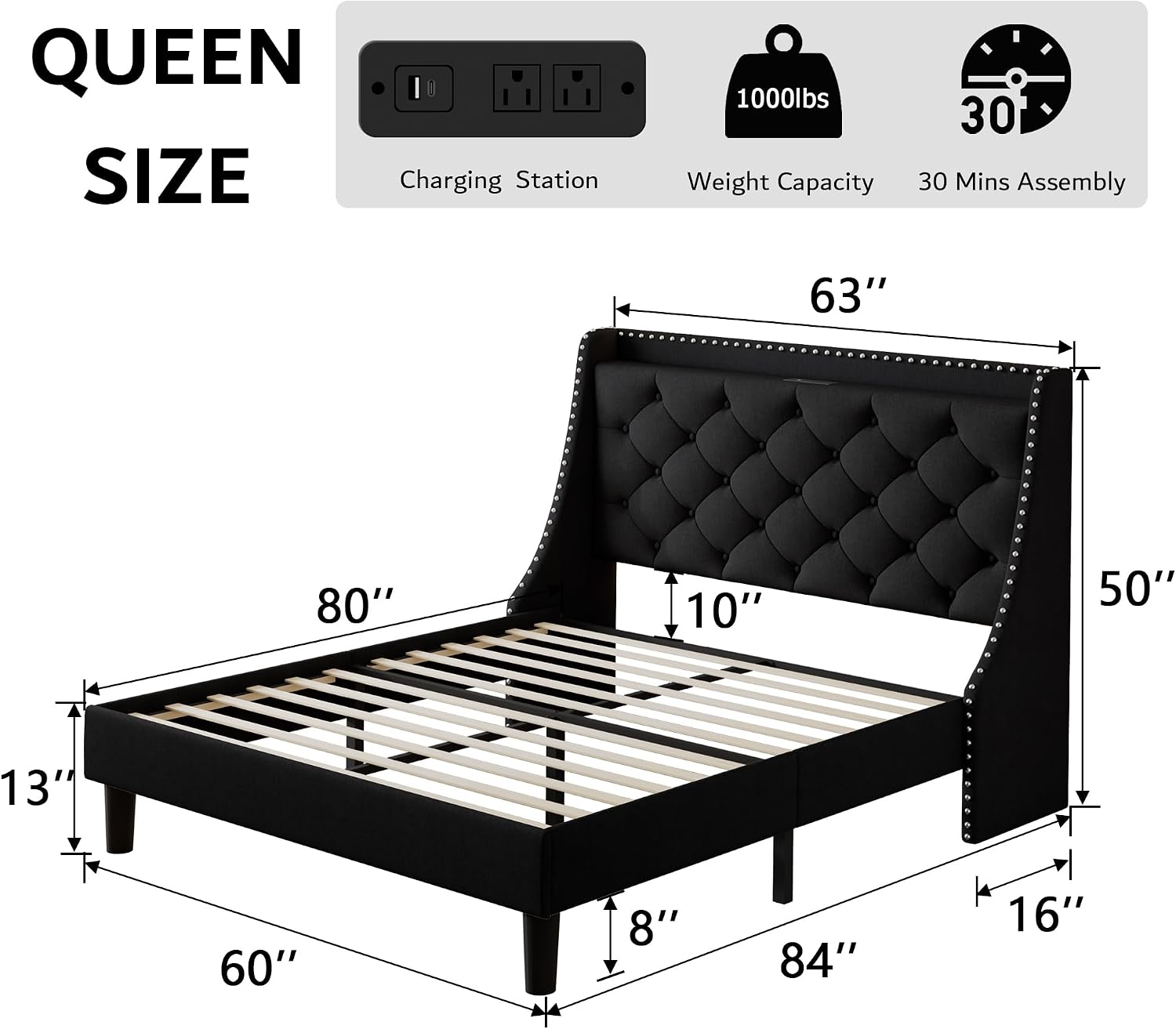 iPormis Queen Bed Frame with 16" Comfort Wingback & Charging Station,Upholstered Platform Bed with Button Tufted Storage Headboard, Solid Wood Slats Support, No Box Spring Needed, Black