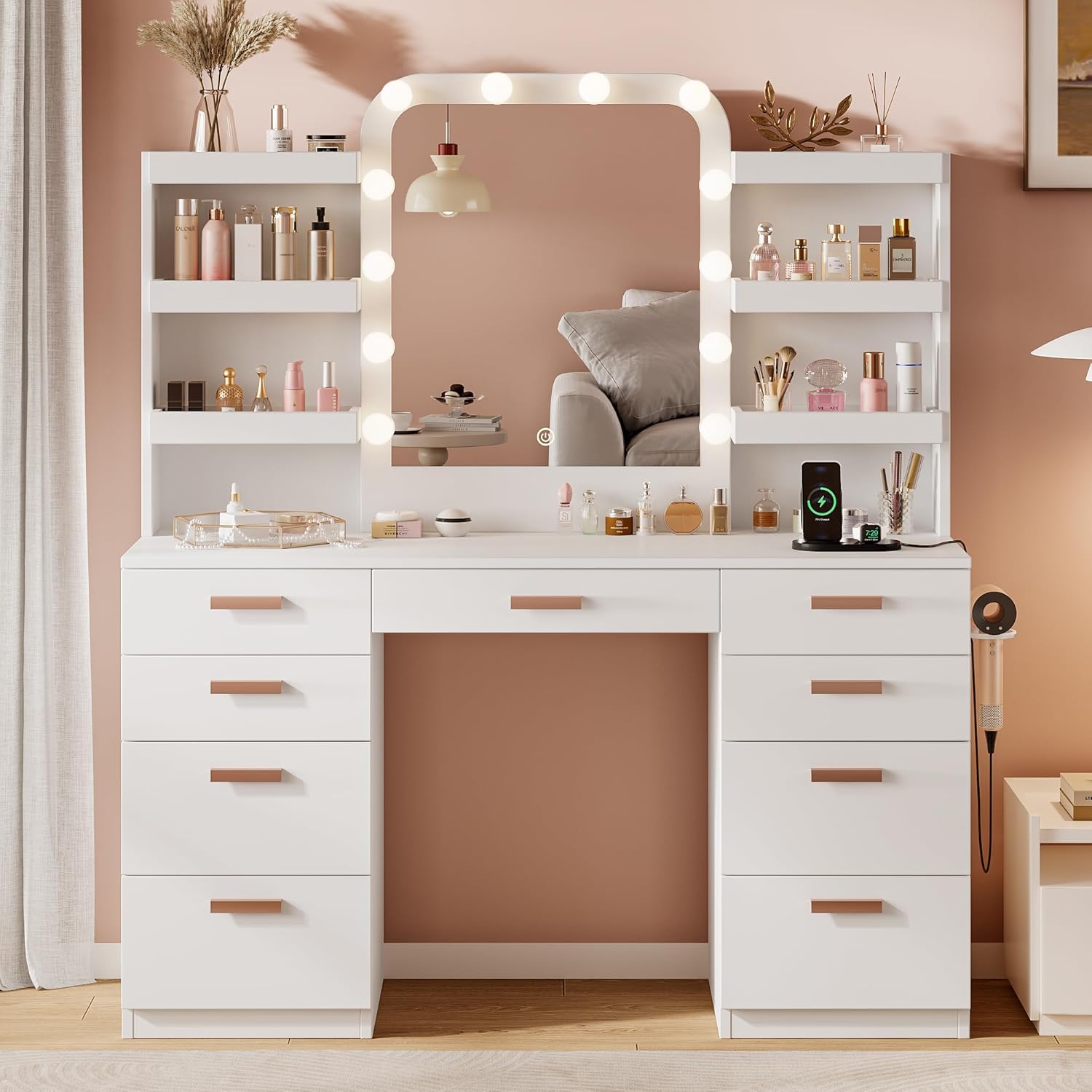 iPormis Vanity Desk with Mirror and Lights, White Makeup Vanity Table with 9 Drawers 6 Shelves, 47" Big Dressing Table with Power Outlet, 3 Adjustable Lighting Modes for Women Girls Bedroom