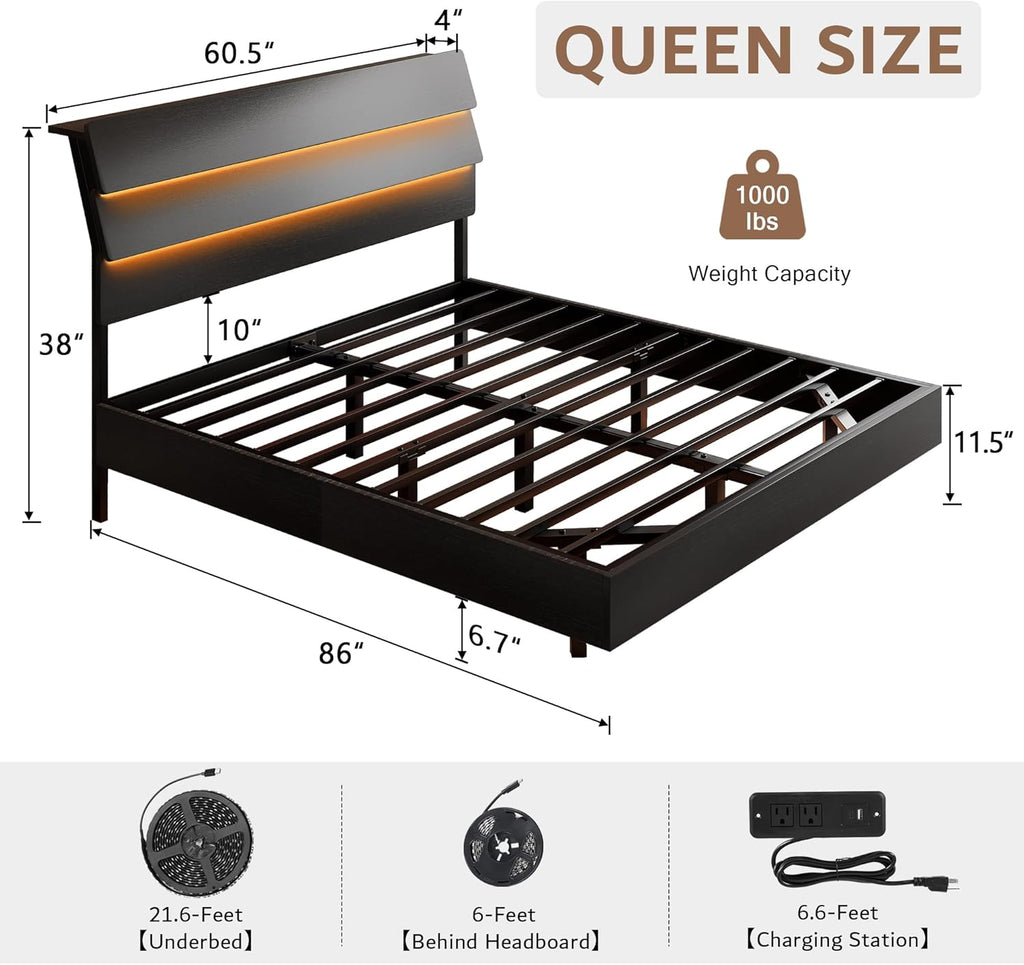 iPormis Queen Floating Bed Frame with LED Lights & Charging Station, Platform Bed with Wooden Storage Headboard, Steel Slats Support, No Box Spring Needed, Easy Assembly, Noise-Free, Black
