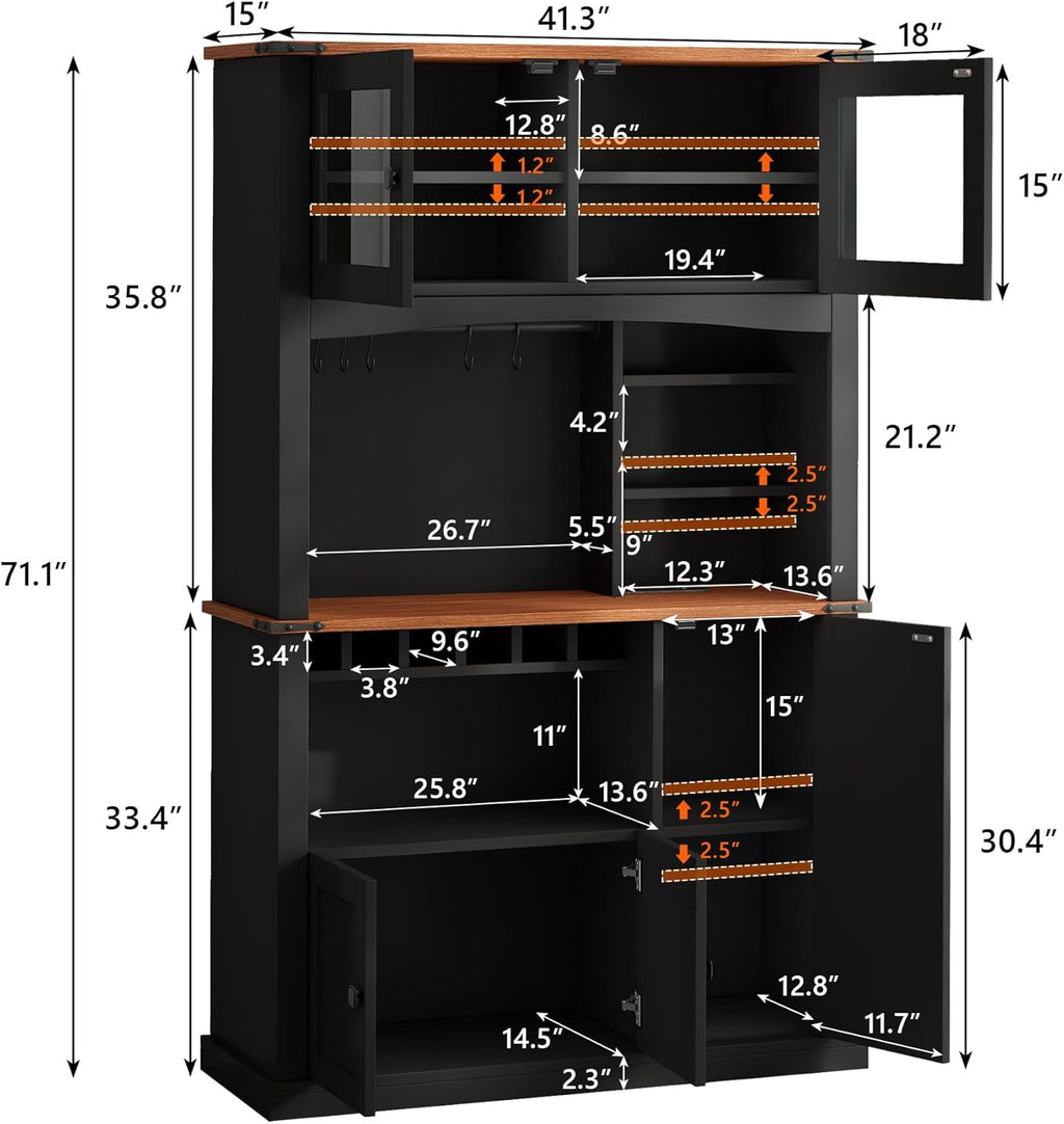71" Tall Kitchen Pantry Storage Cabinet with Microwave Stand and Wine Rack, Farmhouse Kitchen Hutch with Adjustable Shelves and Glass Door, Coffee Bar Hutch with Charge Station and Countertop, Black