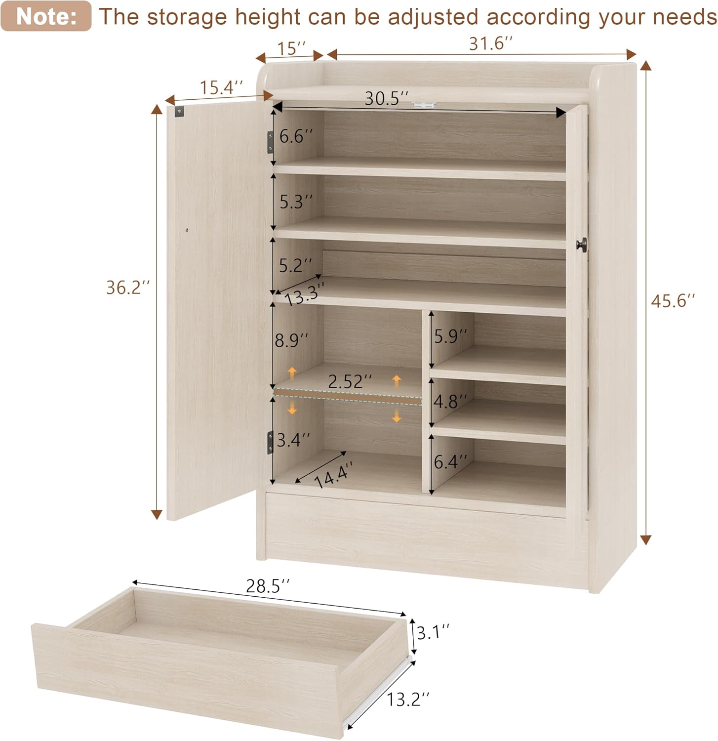 iPormis 6-Tier Shoe Cabinet with Drawer Set of 2, 47” Tall Large Shoe Storage Cabinet with Doors & Adjustable Shelves, Freestanding Wooden Shoe Rack Organizer Cabinet for Entryway Hallway, Natural
