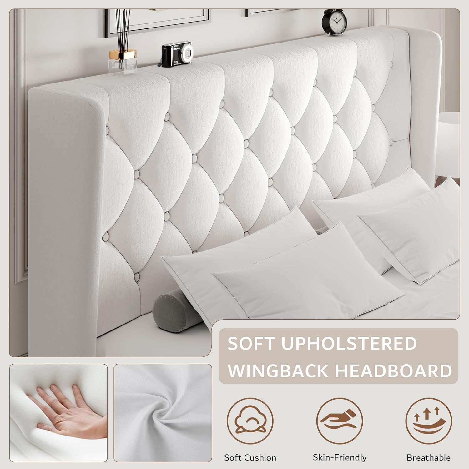 iPormis Queen Size Velvet Platform Bed Frame with Button Tufted Headboard, Upholstered Bed Frame with Solid Wooden Slats, 8" Underbed Space, No Box Spring Needed, Noise Free, Easy Assembly, White