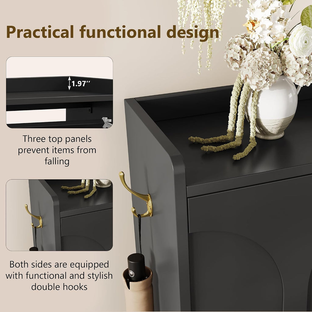 iPormis Shoe Cabinet with 2 Flip Drawers, Slim Shoe Storage Cabinet for Entryway, Narrow Shoe Organizer with Top Shelf, Side Hooks and Metal Legs, Hidden Shoe Rack for Hallway, Black