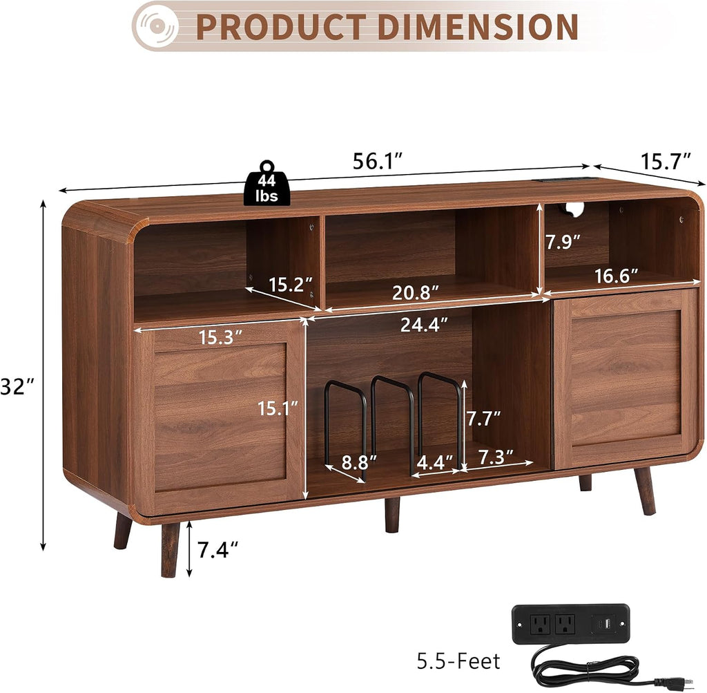 iPormis 56.1" Large Record Player Stand, Record Storage Cabinet with Charging Station, Mid Century Vinyl Player Stand, Adjustable Shelf, Media Cabinet with Sliding Doors for Music&Living Room, Walnut