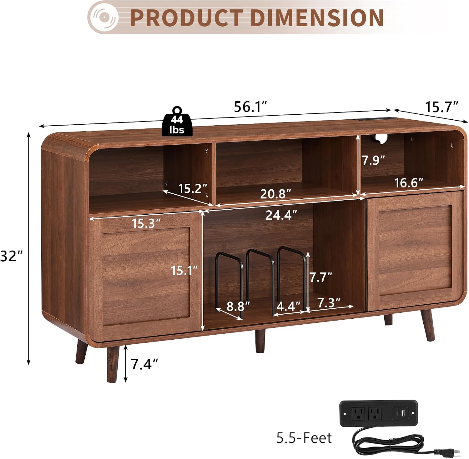 iPormis 56.1" Large Record Player Stand, Record Storage Cabinet with Charging Station, Mid Century Vinyl Player Stand, Adjustable Shelf, Media Cabinet with Sliding Doors for Music&Living Room, Walnut